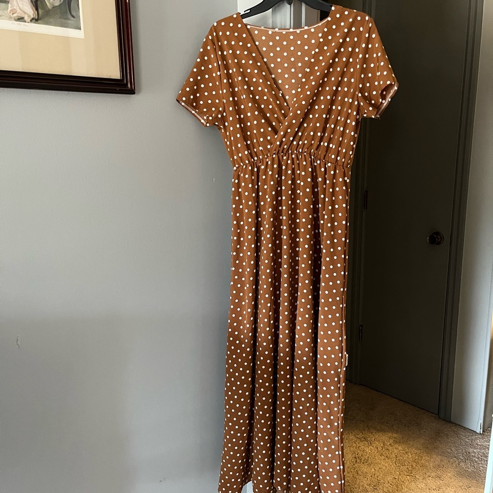 Unknown Brand Brown Dress Vintage Polyester Long Large Polka Dots